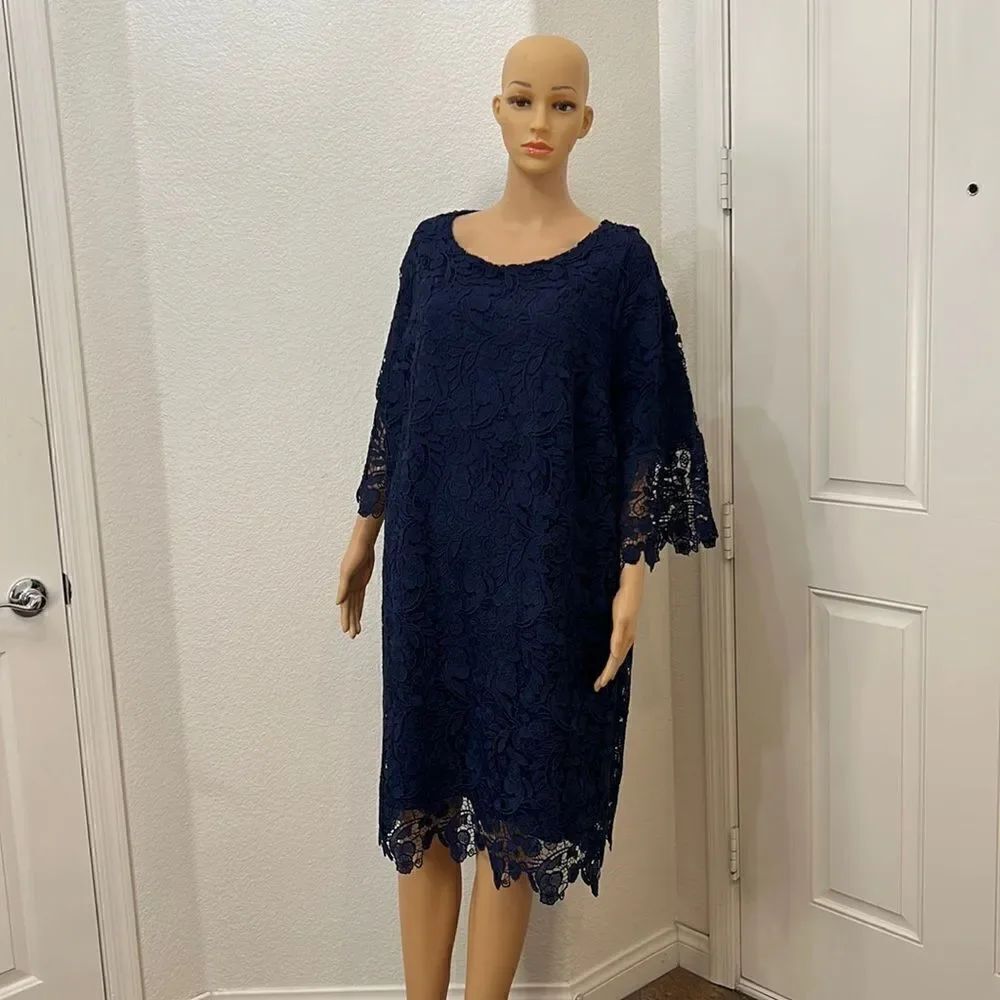 Ellos  Size 28 Navy Dress Lace Scoop Neck 3/4 Sleeve Lined Midi Side Zipper Poly